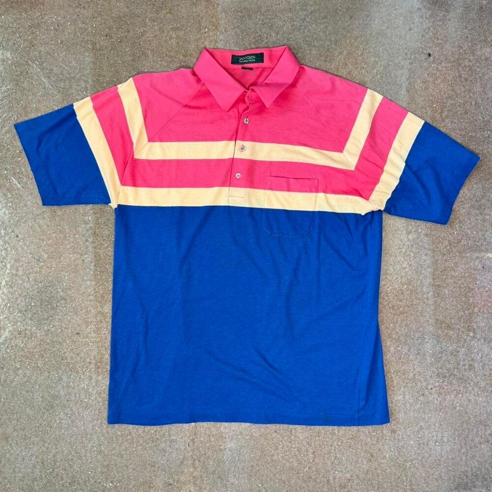 Jantzen Colorblock Polo Shirt Pink Yellow Blue Retro Style XL